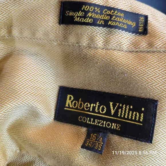 Mens Dress Shirt Roberto Villini Casual Sporty Cotton LS Herringbone Ochre 16.5 - Picture 5 of 5